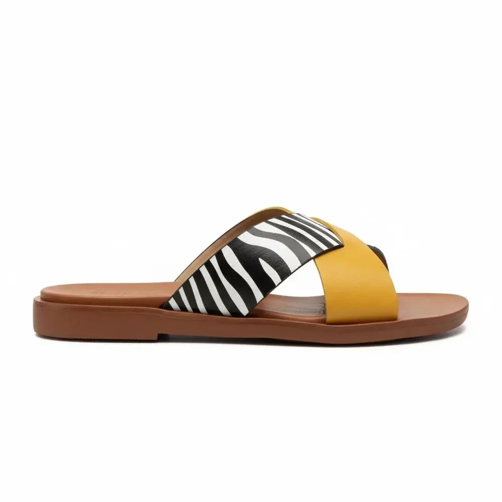 Zebra Print Cross-Strap Flat Slide Sandals in Mustard Yellow